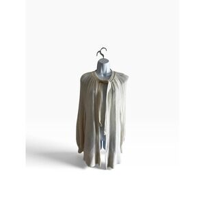 Azure Cardigan Sweater L Cream Vintage Tie Neck Ribbed Knit Open Front USA Made